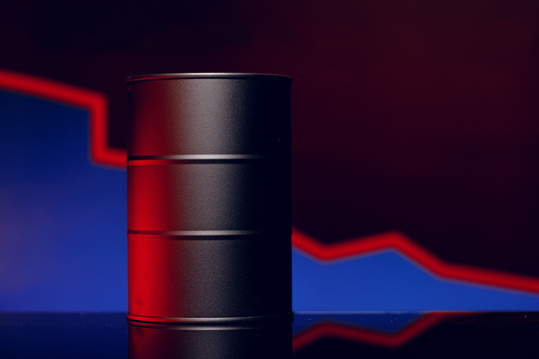 crude oil barrel with trending market lines in the background