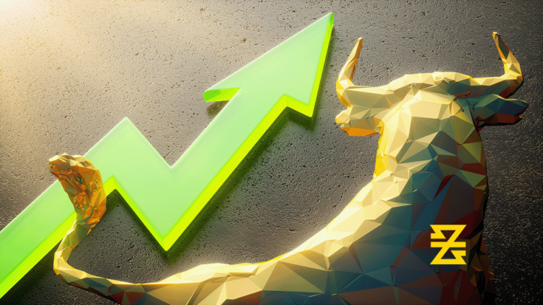 Uptrend green arrow displayed next to bull market display with baxia markets time symbol